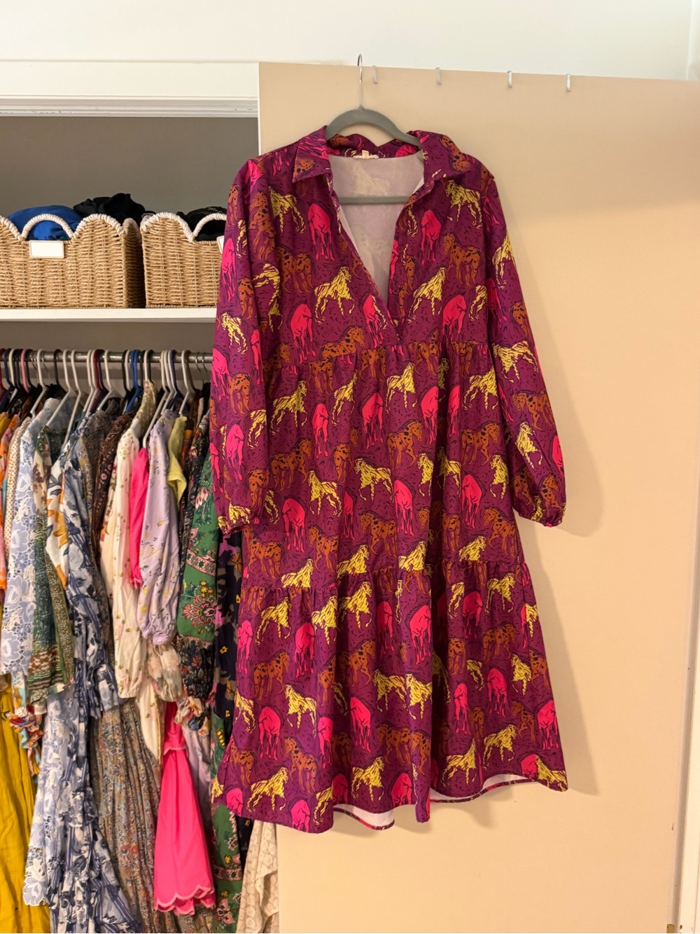 JODIFL Plum Dress with Pink & Yellow Horse Print